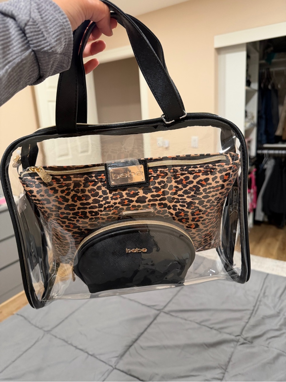 bebe Clear Travel Bag with Leopard Makeup Pouch & Black Coin Pouch